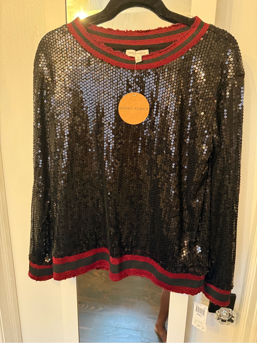 Honey Punch Black Sequin Long Sleeve Sweater with Red Trim